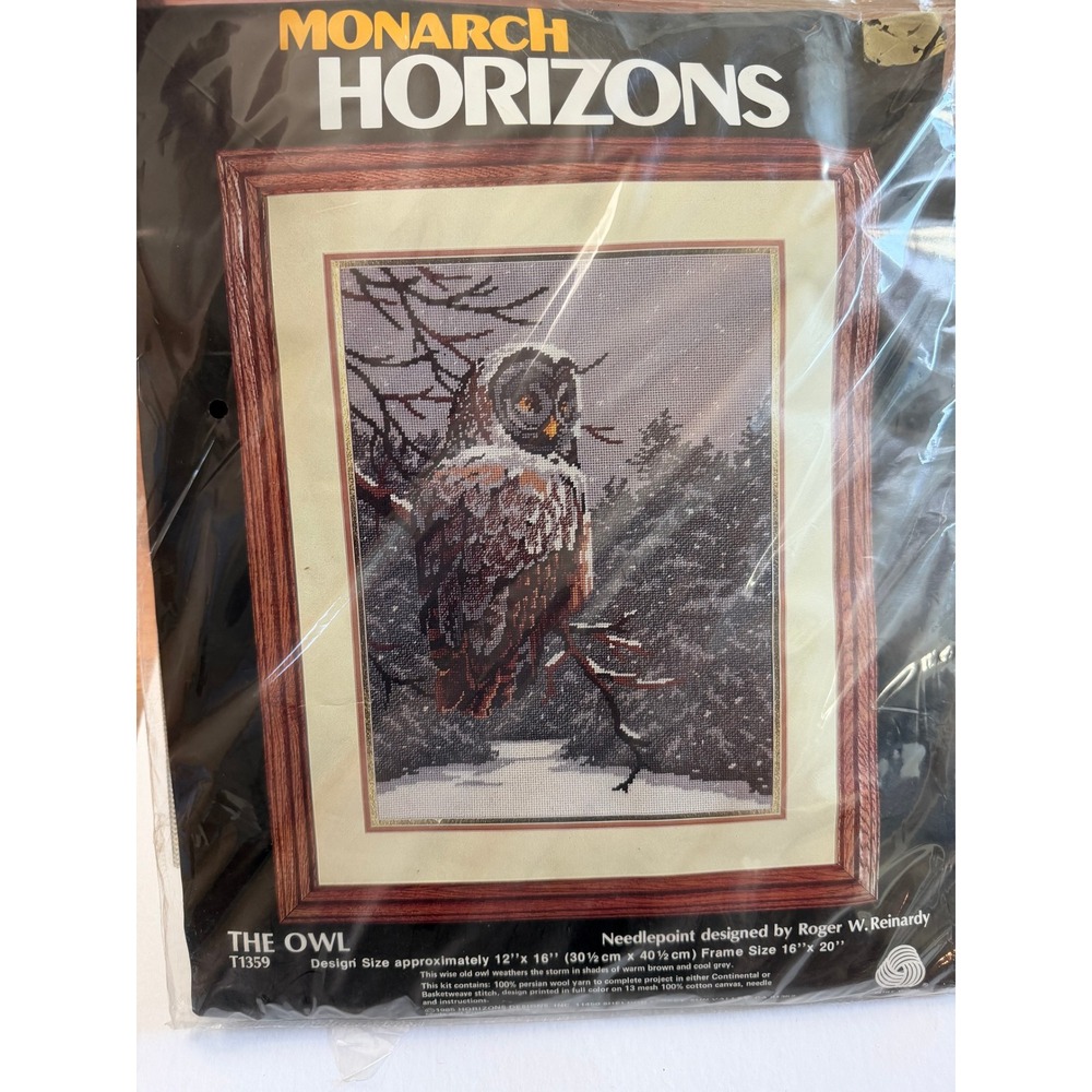 VTG Monarch Horizons The Owl Needlepoint Kit 12x16 Brown Grey New